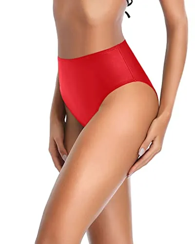 High Waisted Bikini Bottoms Tummy Control Swim Bottoms-Red