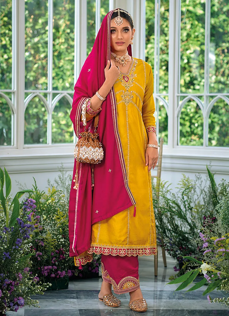 Yellow And Pink Embroidery Traditional Salwar Kameez